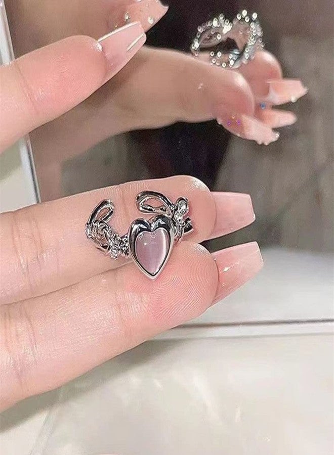 Dtja Pink Heart Twisted Band Ring for Women Silver Plated Cat Eye Love Promise Statement Open Wrap Finger Ring Comfort Fit Fashion Wedding Birthday Mother's Day Jewelry Gift - Image 5