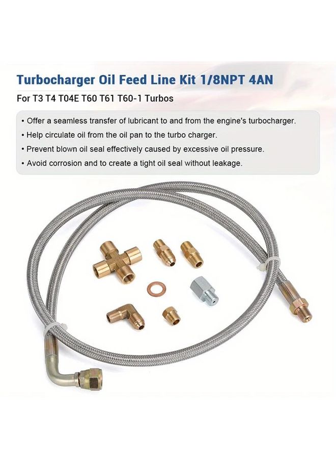 Silvery Turbo Oil Feed Line Kit 1/8NPT 4AN 38 Inch For T3 T4 T04E T60 - Image 1