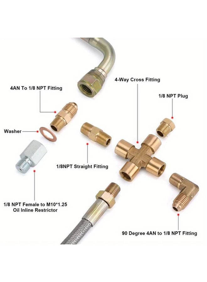 Silvery Turbo Oil Feed Line Kit 1/8NPT 4AN 38 Inch For T3 T4 T04E T60 - Image 4