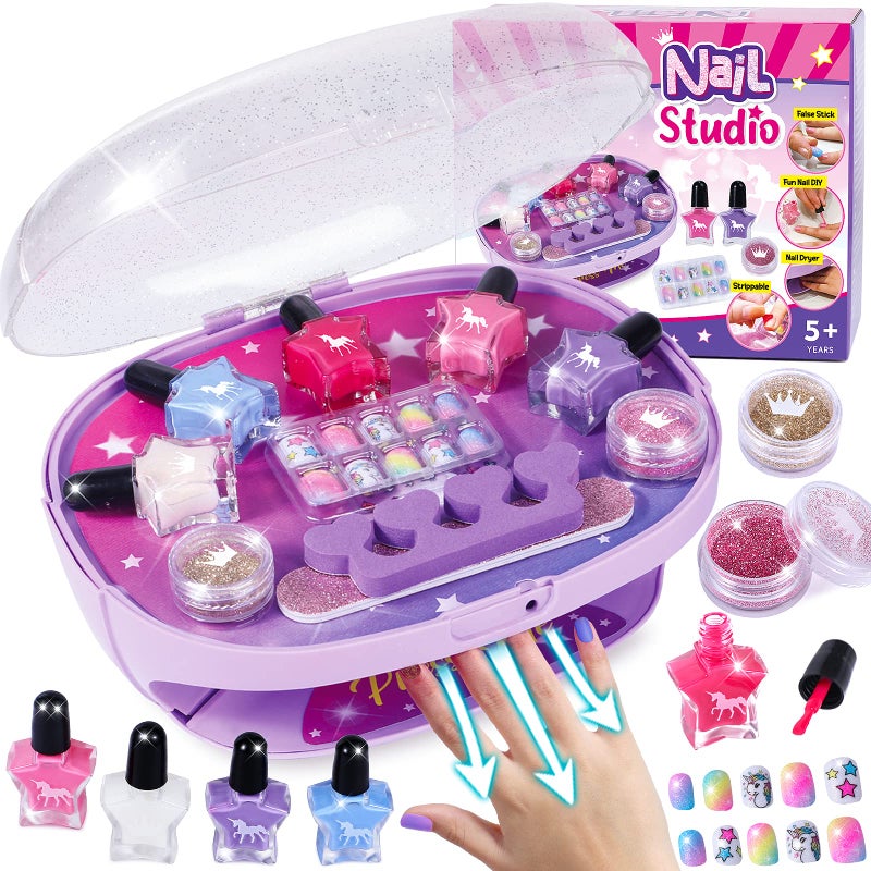 Golray Kids Nail Polish Set for Girls AllinOne Nail Art Kit Dryer Glitter Powder False Nails Nail Decals Toe SeparatorFile Age 312 Little Girl Gift Toys