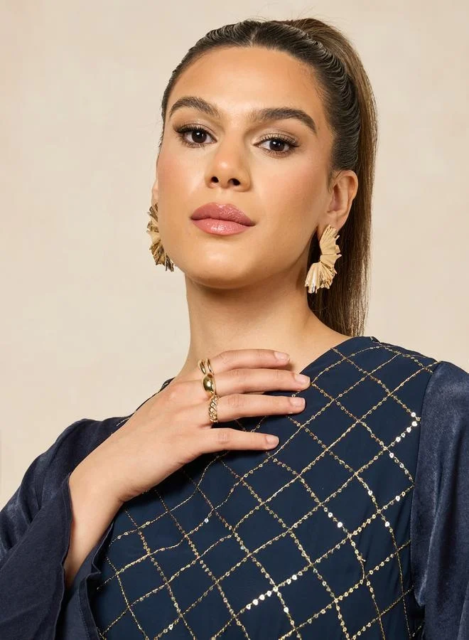 Styli Embroidered Round Neck Waist Tie-Up A-Line Jalabiya