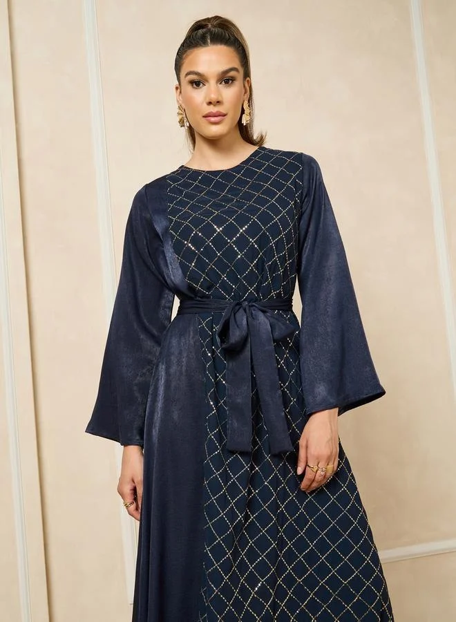 Styli Embroidered Round Neck Waist Tie-Up A-Line Jalabiya