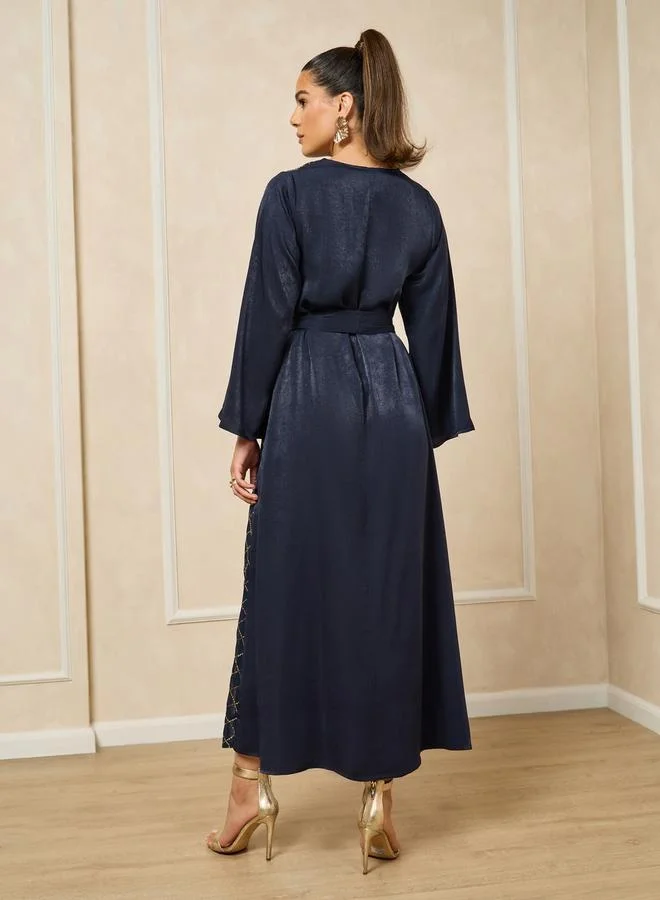 Styli Embroidered Round Neck Waist Tie-Up A-Line Jalabiya
