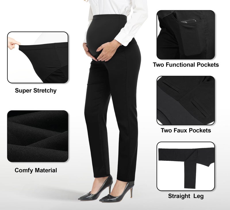 PACBREEZE Women's Maternity Pants for Work Over-Bump Pregnancy Casual Stretchy Straight Dress Pants with Pockets(Update Black, Medium) - Image 2