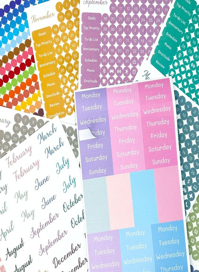 Obujopal 1917 Pcs Monthly Weekly Daily Calendar Planner Stickers for Diary Bullet Journal Notebook, Monthly Weekly Headings, Dates, Icons, 1/4 inch Dot Stickers, 9 Sheets Washi Stickers - Image 4