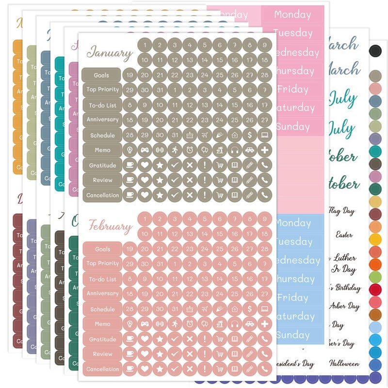 Obujopal 1917 Pcs Monthly Weekly Daily Calendar Planner Stickers for Diary Bullet Journal Notebook, Monthly Weekly Headings, Dates, Icons, 1/4 inch Dot Stickers, 9 Sheets Washi Stickers - Image 1