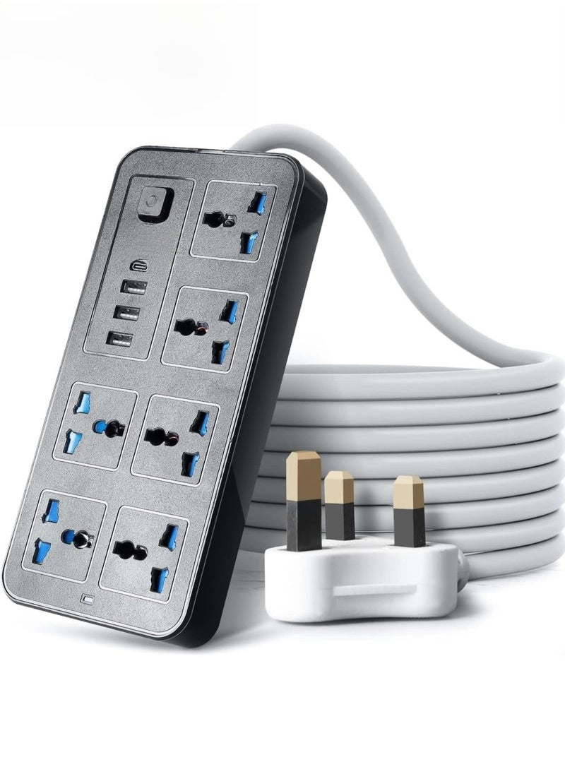 Generic Universal Extension Lead with Multiple Function UK Plug 3 Pin Socket Outlet with 6 Gang 3 USB Port 1 Type-C Port 1.8M Electric Socket Mains Strip for Home Kitchen and Office  - Image 1
