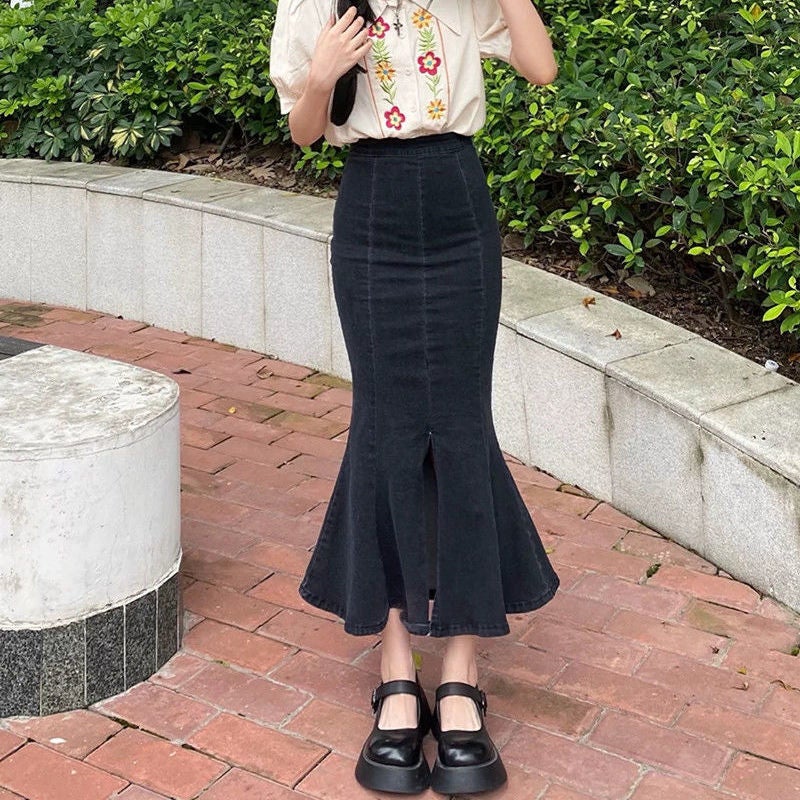 Sheath Denim skirt women's summer 2022 new black high waist mid-length hot girl split stretch fishtail skirt - Image 3