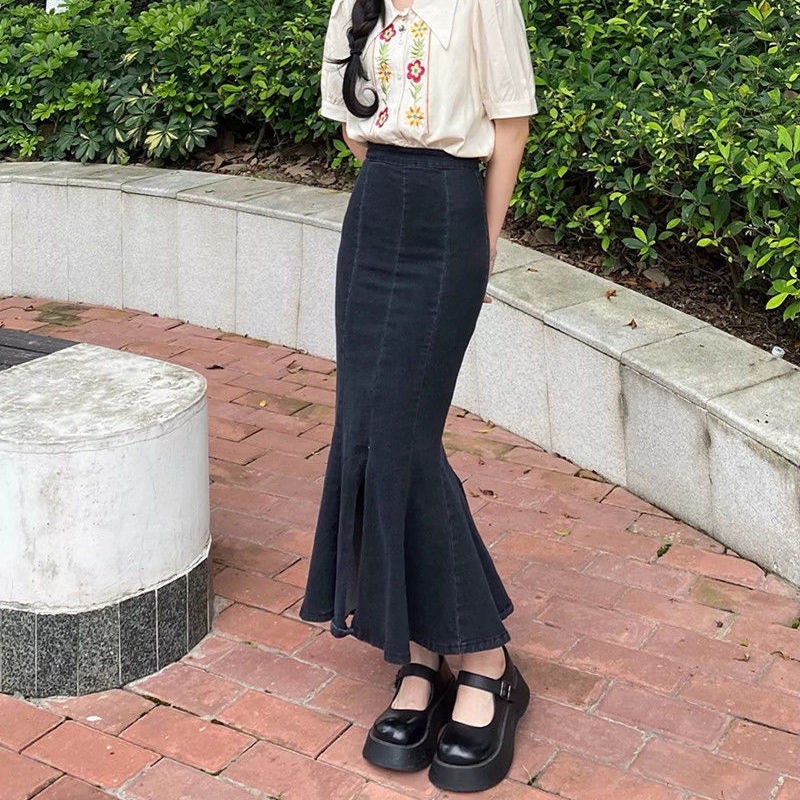 Sheath Denim skirt women's summer 2022 new black high waist mid-length hot girl split stretch fishtail skirt - Image 5