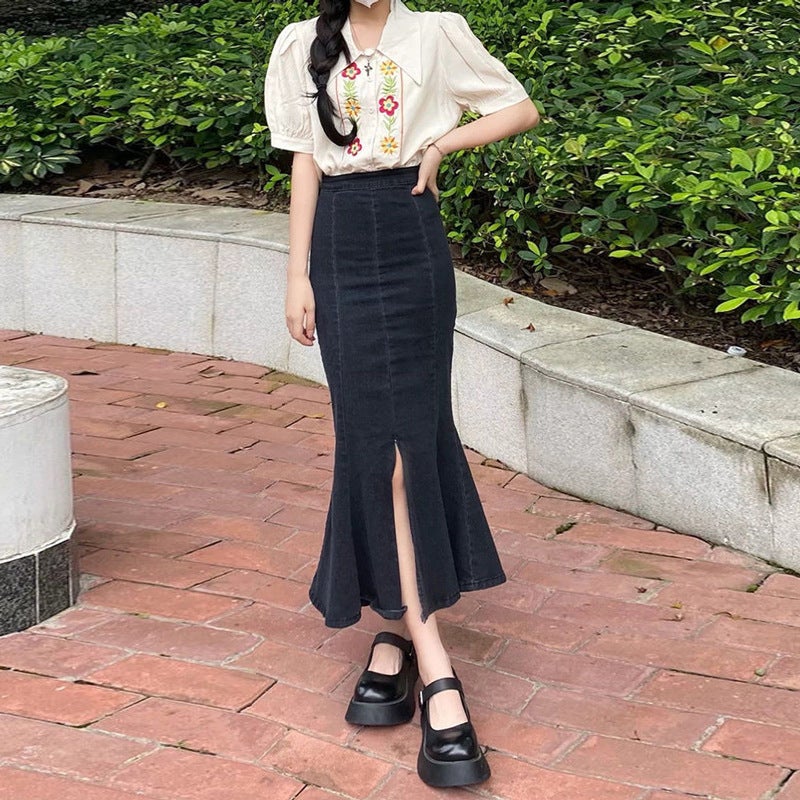 Sheath Denim skirt women's summer 2022 new black high waist mid-length hot girl split stretch fishtail skirt - Image 1