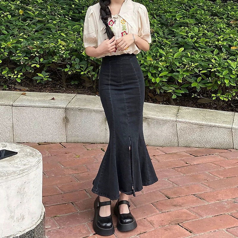 Sheath Denim skirt women's summer 2022 new black high waist mid-length hot girl split stretch fishtail skirt - Image 4