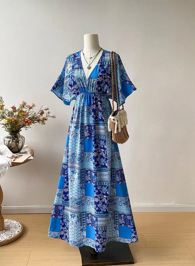 تايك تو Women's Floral Printed V Neck Flutter Sleeve Midi Dress