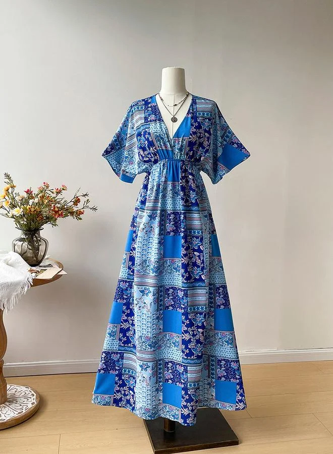 تايك تو Women's Floral Printed V Neck Flutter Sleeve Midi Dress