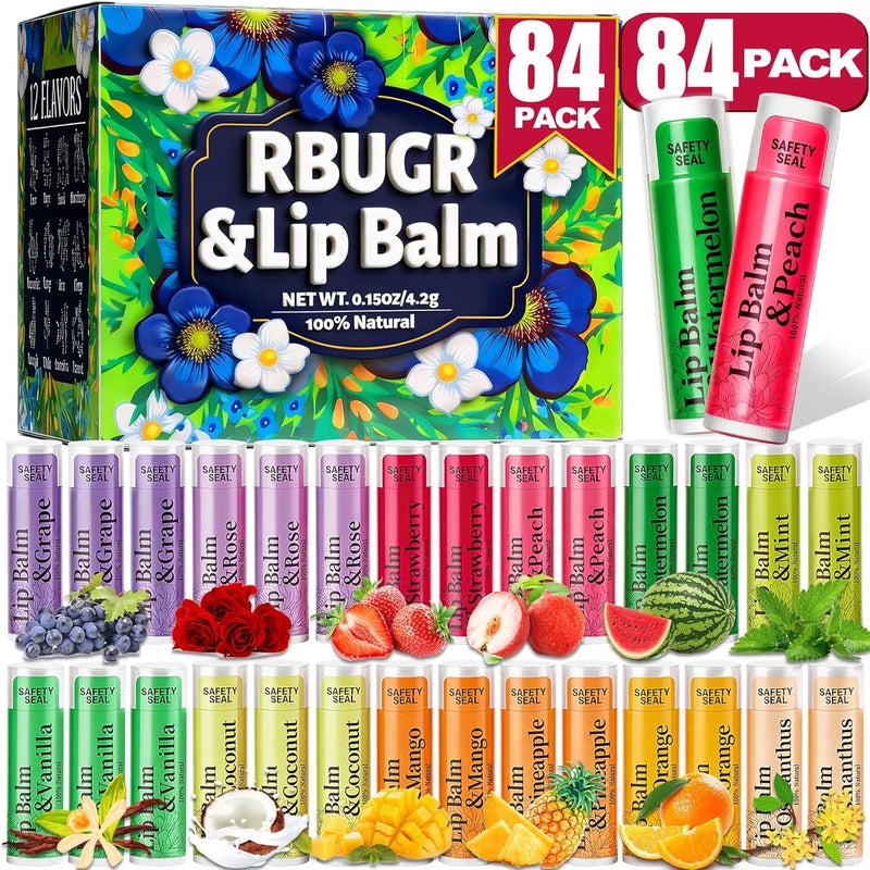 RBUGR 84 Pack of 12 Flavored Lip Balms, Natural Organic Vitamin E, Moisturising, Dry Cracked Lips, Party Favors, Stocking Stuffers - Image 1