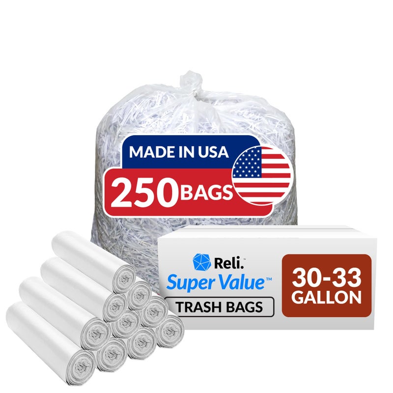 Reli. 30-33 Gallon Trash Bags Heavy Duty | 250 Count Bulk | Clear Large Trash Bags 30+, 32 Gallon | Made in USA - Image 1