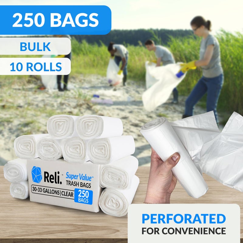 Reli. 30-33 Gallon Trash Bags Heavy Duty | 250 Count Bulk | Clear Large Trash Bags 30+, 32 Gallon | Made in USA - Image 3