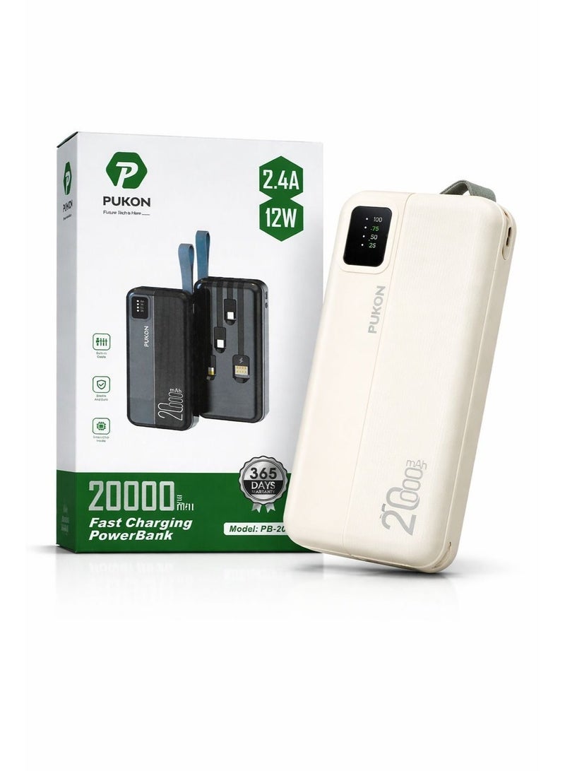 PUKON 20000mAh Power Bank With Built-In Lightning Type-C & Micro USB Cables Fast Charging Portable Charger With LED Display & Carry Strap Beige 1 Year Warranty - Image 5