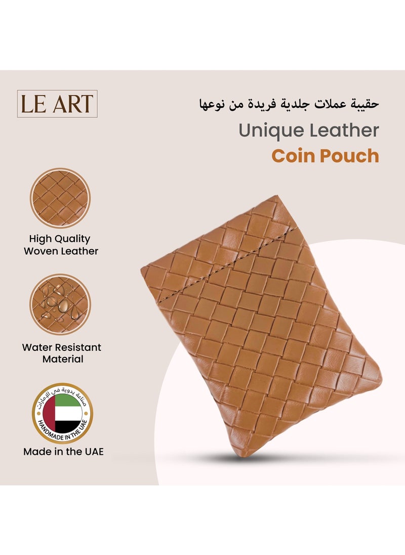 LeArt Leather Squeeze Coin Pouch for Men & Women | Coin Purse | Coin Holder | For Coins, Keys, Earphones, Cards, AirPods, Rosary | Great Gifting Option (Woven Caramel)  - Image 2