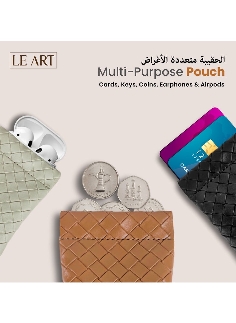 LeArt Leather Squeeze Coin Pouch for Men & Women | Coin Purse | Coin Holder | For Coins, Keys, Earphones, Cards, AirPods, Rosary | Great Gifting Option (Woven Caramel)  - Image 3