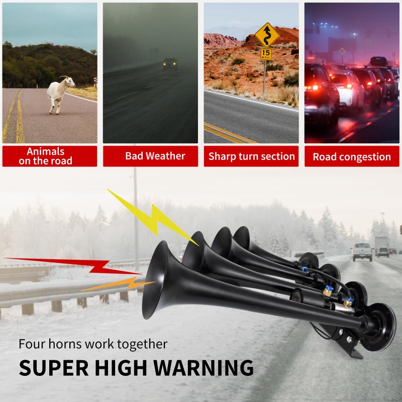 FARBIN 178DB Four Trumpet Horns Super Loud Air Horns with 150 PSI Air Tank Train Horn Kit for Truck with 12V Air Compressor Can for Truck Jeep SUV Train Metal (0.8 gal 12V Black Parallel Air Horn Kit) - Image 4