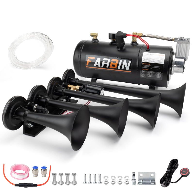 FARBIN 178DB Four Trumpet Horns Super Loud Air Horns with 150 PSI Air Tank Train Horn Kit for Truck with 12V Air Compressor Can for Truck Jeep SUV Train Metal (0.8 gal 12V Black Parallel Air Horn Kit) - Image 1