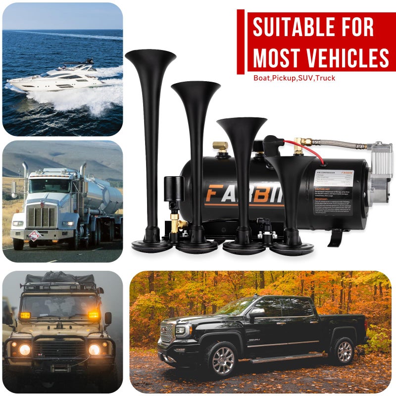FARBIN 178DB Four Trumpet Horns Super Loud Air Horns with 150 PSI Air Tank Train Horn Kit for Truck with 12V Air Compressor Can for Truck Jeep SUV Train Metal (0.8 gal 12V Black Parallel Air Horn Kit) - Image 3