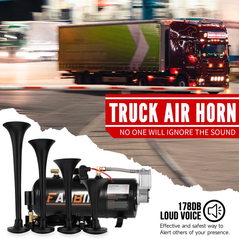 FARBIN 178DB Four Trumpet Horns Super Loud Air Horns with 150 PSI Air Tank Train Horn Kit for Truck with 12V Air Compressor Can for Truck Jeep SUV Train Metal (0.8 gal 12V Black Parallel Air Horn Kit) - Image 2