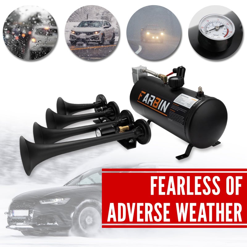 FARBIN 178DB Four Trumpet Horns Super Loud Air Horns with 150 PSI Air Tank Train Horn Kit for Truck with 12V Air Compressor Can for Truck Jeep SUV Train Metal (0.8 gal 12V Black Parallel Air Horn Kit) - Image 5