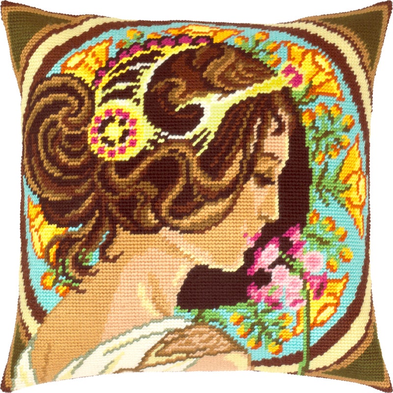 Brvsk Art Noveau Embroidery Kit for Adults and Beginners Primrose by Alphonse Mucha 1616 with Clear Precise Printed Design on Cotton Canvas Includes 2 Needles Yarn and EasyRead Chart - Image 2