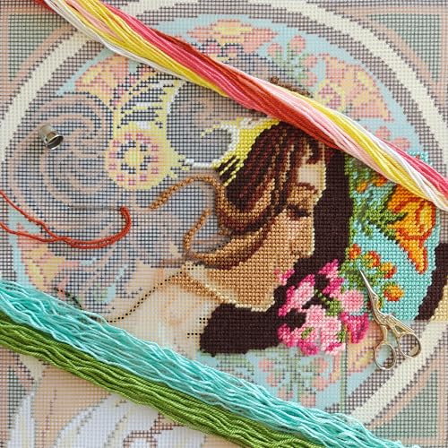 Brvsk Art Noveau Embroidery Kit for Adults and Beginners Primrose by Alphonse Mucha 1616 with Clear Precise Printed Design on Cotton Canvas Includes 2 Needles Yarn and EasyRead Chart - Image 3
