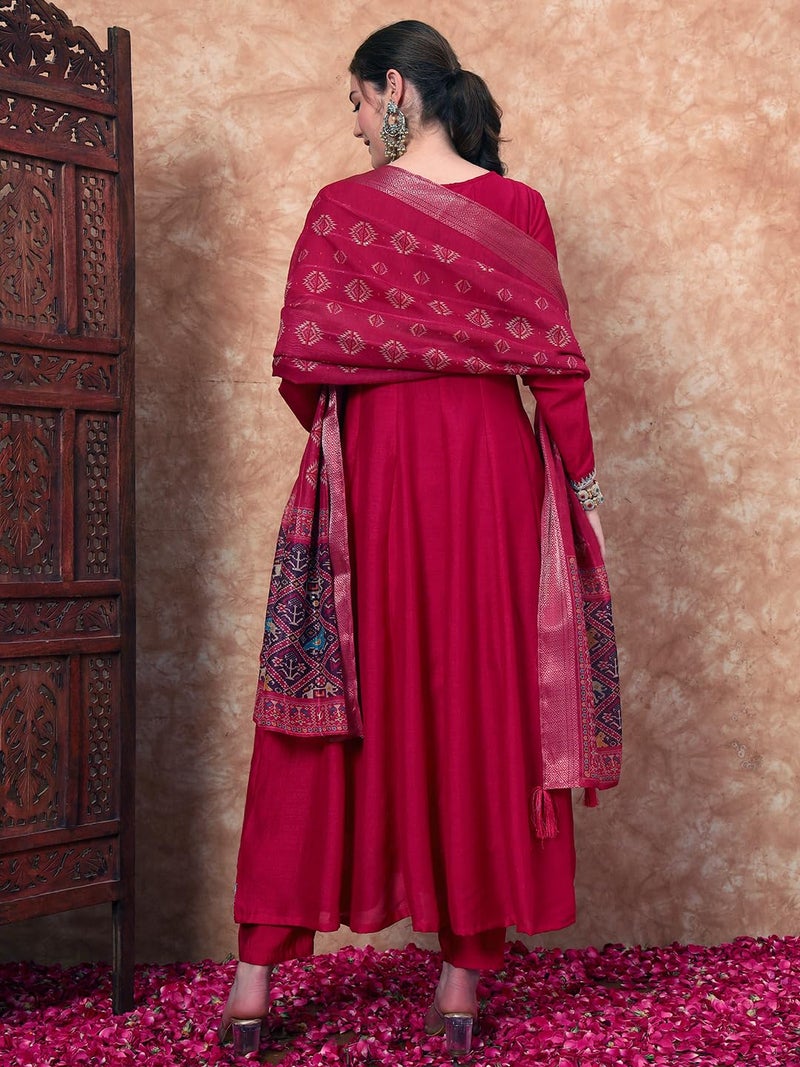 SHOPPING QUEEN Women's Silk Embroidered Kurta, Pyjama & Dupatta Set (A603_Ruby Pink_M) - Image 2