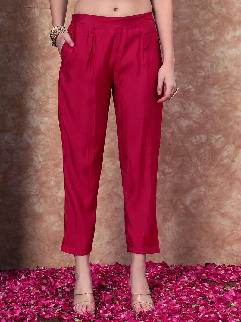 SHOPPING QUEEN Women's Silk Embroidered Kurta, Pyjama & Dupatta Set (A603_Ruby Pink_M) - Image 5