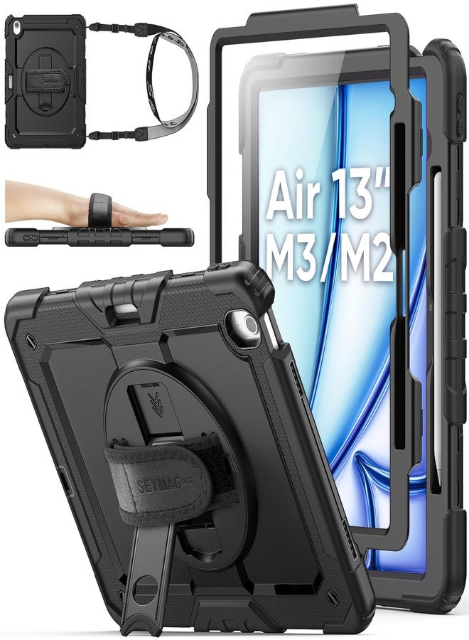 SEYMAC stock متوفر لدى SEYMAC غطاء حماية لجهاز iPad Air مقاس 13 بوصة، طراز M3 2025/ M2 2024، غطاء متين مزود بواقي شاشة، وحامل قلم، وحامل دوار، وحزام يد، وحزام كتف، لون أسود - Image 1