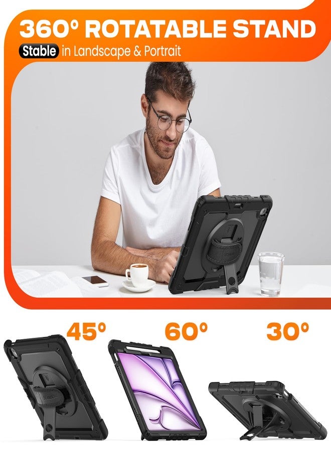 SEYMAC stock متوفر لدى SEYMAC غطاء حماية لجهاز iPad Air مقاس 13 بوصة، طراز M3 2025/ M2 2024، غطاء متين مزود بواقي شاشة، وحامل قلم، وحامل دوار، وحزام يد، وحزام كتف، لون أسود - Image 4