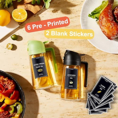 CXINYI - 16oz/470ml Olive Oil Dispenser for Kitchen with Stickers - 2 in 1 Olive Oil Sprayer for Cooking, Air Fryer, and Salad, Black&Green (Light-Proof Kitchen Gadget) - Image 2