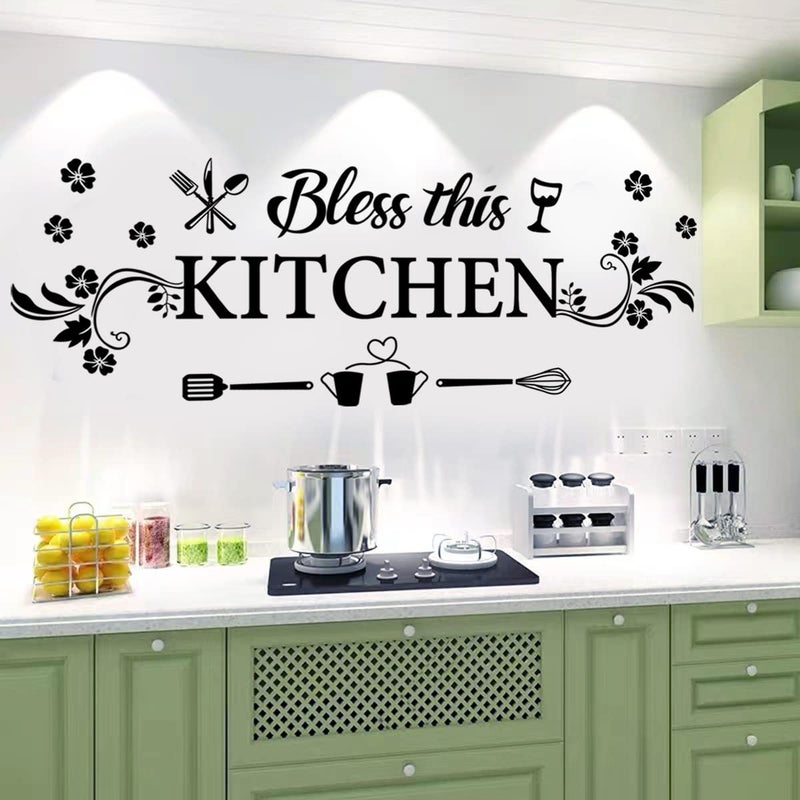 Casa Decor Kitchen Quotes Wall Decor Sticker - Bless This Kitchen Decals With Flower Art - Removable DIY Vinyl Stickers for Dining, Baking Room, Bar, Restaurant, Home Decor - Image 3