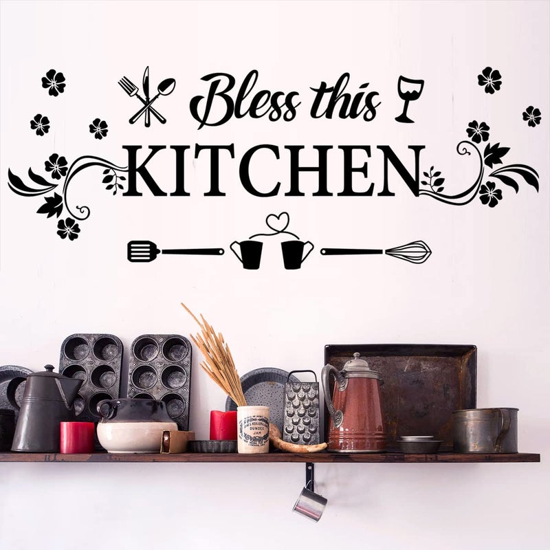 Casa Decor Kitchen Quotes Wall Decor Sticker - Bless This Kitchen Decals With Flower Art - Removable DIY Vinyl Stickers for Dining, Baking Room, Bar, Restaurant, Home Decor - Image 5
