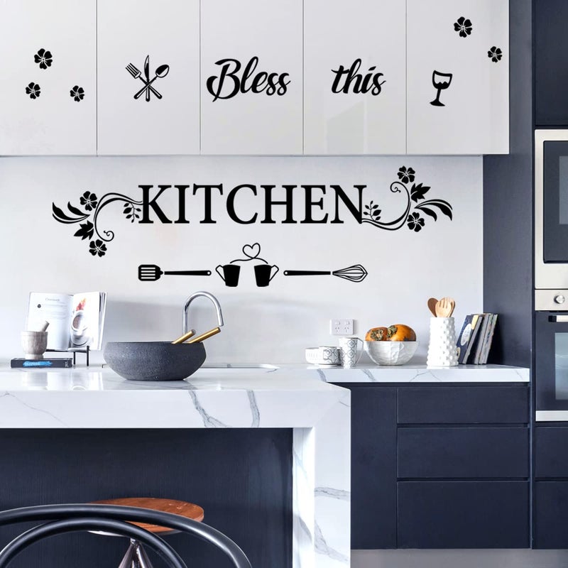 Casa Decor Kitchen Quotes Wall Decor Sticker - Bless This Kitchen Decals With Flower Art - Removable DIY Vinyl Stickers for Dining, Baking Room, Bar, Restaurant, Home Decor - Image 2