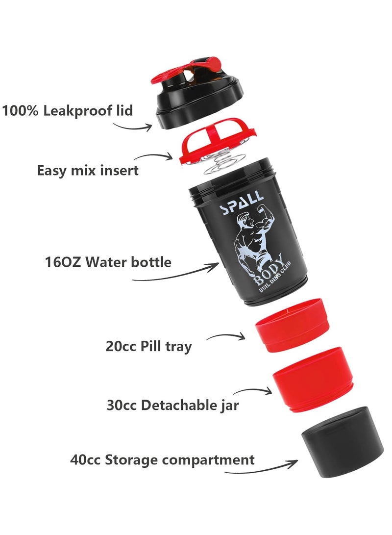 Spall Protein Shaker Bottle Gym Shaker Cup For Protein Shakes 16oz Bottle With Shaker Ball And Storage Compartment Leak Proof BPA Free - Image 3