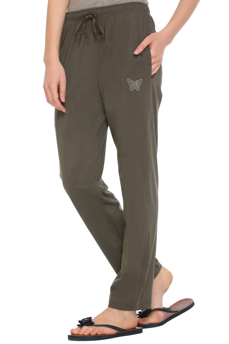 CUPID Women Relaxed Fit Cotton Lounge Pants, Comfortable Track Pant, Lower, Sports Trouser, Joggers N Daily Gym Wear For Ladies_Olive_L, Mid Rise - Image 1