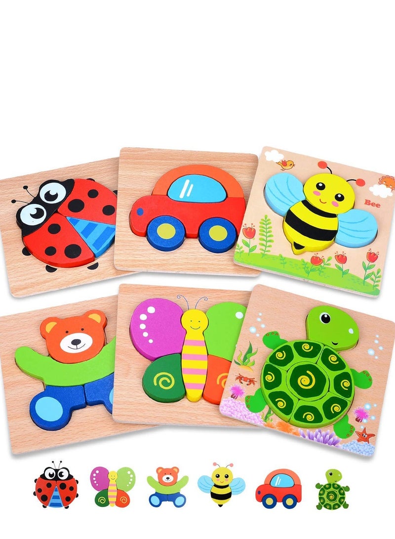 6 PCS Wooden Toddler Puzzles Gifts Toys, Jigsaw Eco Friendly Child Kid Montessori Stem Travel Toy, Ladybug, Car, Bee, Bear, Butterfly, Turtle - Image 1