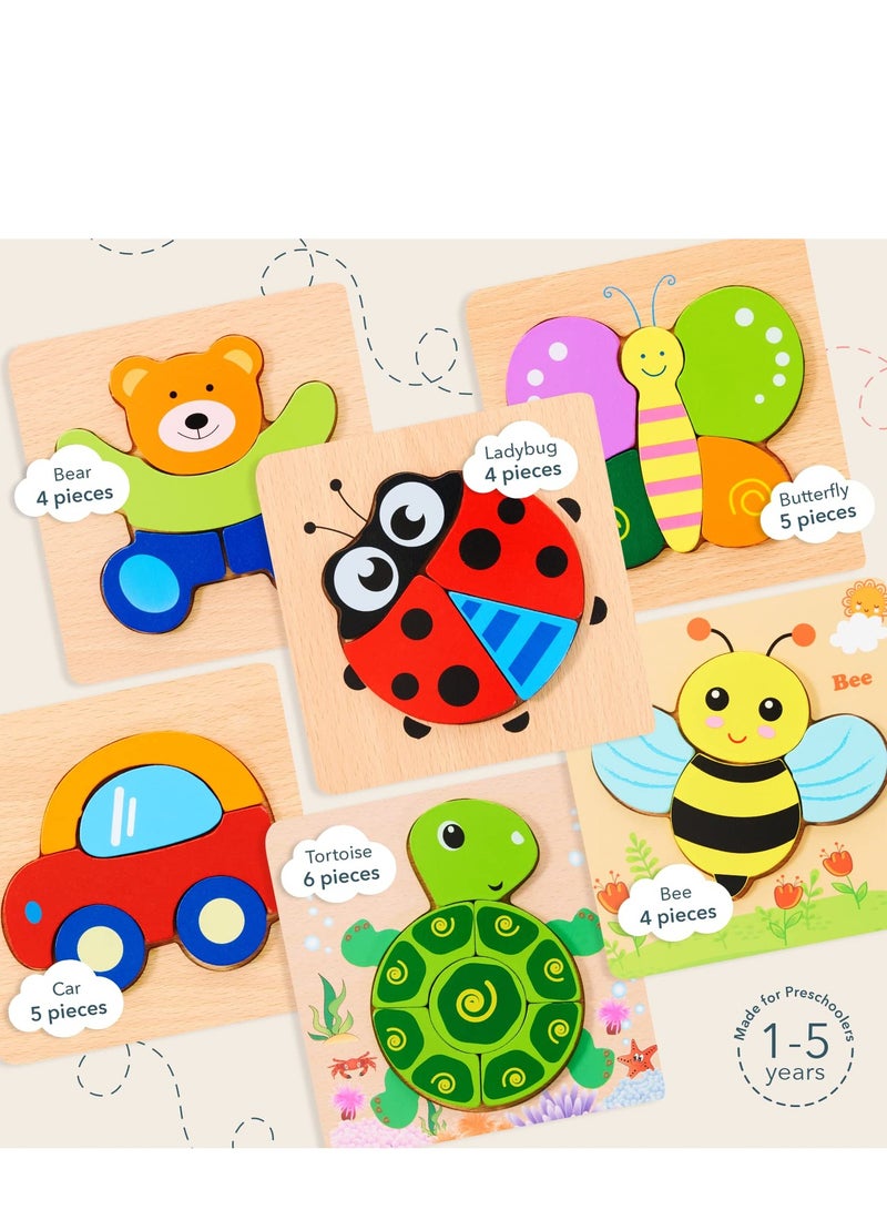 6 PCS Wooden Toddler Puzzles Gifts Toys, Jigsaw Eco Friendly Child Kid Montessori Stem Travel Toy, Ladybug, Car, Bee, Bear, Butterfly, Turtle - Image 2
