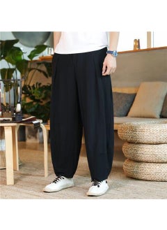 Loose Cotton Linen Mens Casual Pants Spring Summer Wide Leg Harlan Long Trousers Comfortable Breathable Straight Cut Trousers 2 black