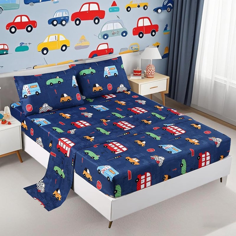 MAG 4 Pcs Blue TransportationCar Twin Sheet SetCar Twin Bed Sheet Set for Kids Teens Boys and Girls