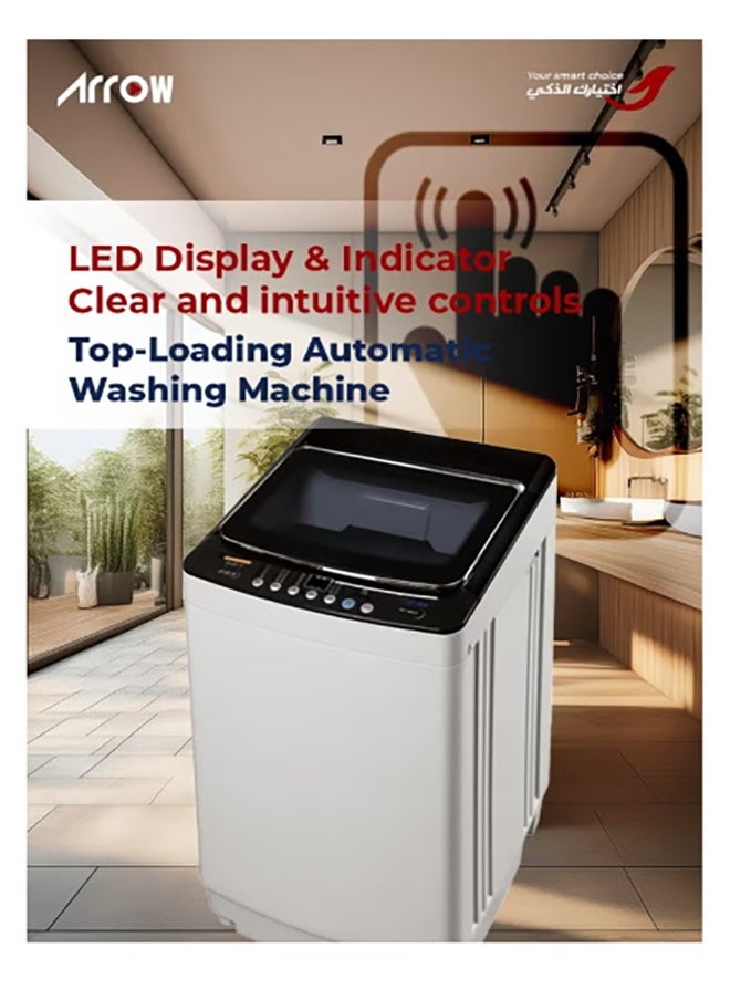 Arrow - Top Loading 9KG Fully Automatic Washing Machine, Light Grey, 8 Programs, LED Display, Fuzzy Control, Child Lock, Tempered Glass Lid, Aluminum Motor | RO-10TLT - Image 1