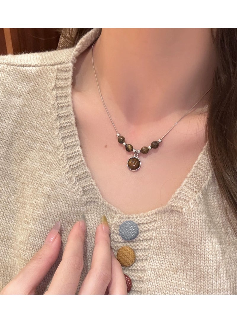 Goolsky Vintage Leather Tiger’s Eye Necklace for Women –Layered Choker, Small Luxury Versatile Clavicle Chain 
