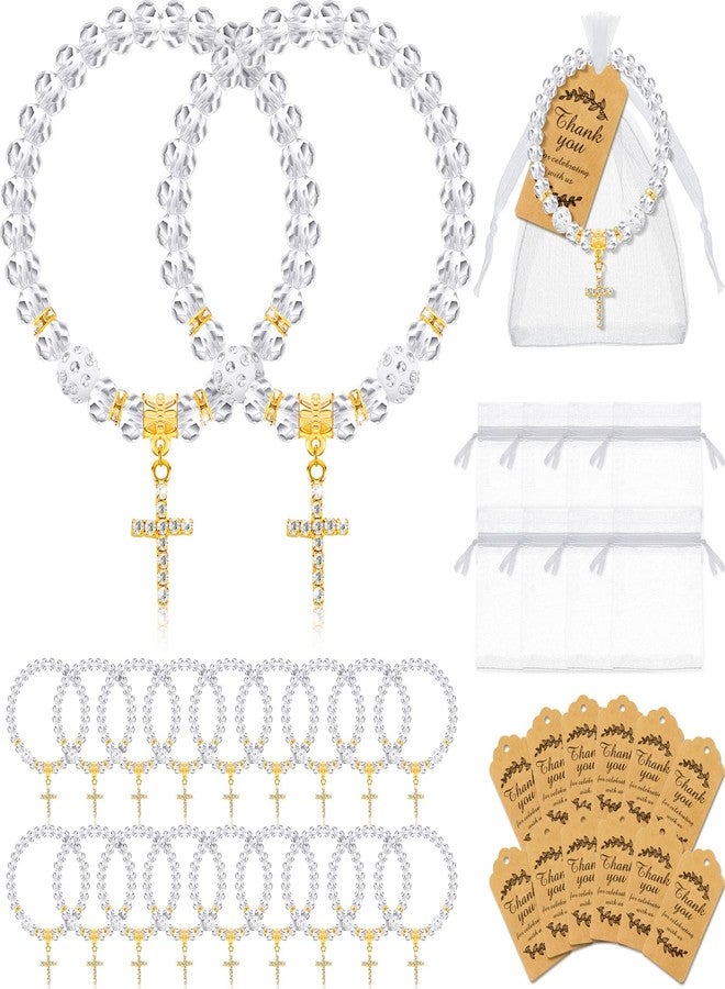 Leinuosen 90 Pieces Baptism Favors Set Include Crystal Bracelets with Crucifix Rosary Thank You Tags Organza Bags for Baby Shower Baptism Supplies First Communion Party Favor - Image 1