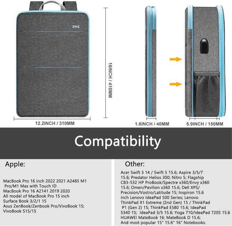ZINZ Slim & Expandable Laptop Backpack 15 15.6 16 Inch Case, Water Resistant Travel Backpack Compatible with MacBook Pro/Neo 16" 15", Dell XPS 15 16 and Most 15" 15.6" 16" Notebooks - Image 2