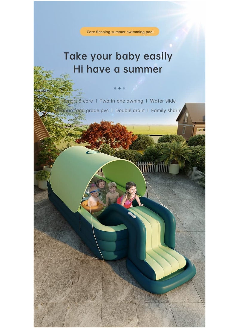 GT-Wheel Inflatable Swimming Pool with Removeable Slide and Sun Shade for Kids Above Ground, Garden, Backyard Water Fun Park Dog Play Center PVC Material (Green)  - Image 2