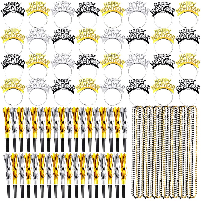 Hanaive 108 Pcs 2025 New Years Eve Party Supplies for 36 Includes Happy New Year Headband Tiara Bead Necklaces Gold and Silver Squawkers Party Favor Decor Kit for Adults